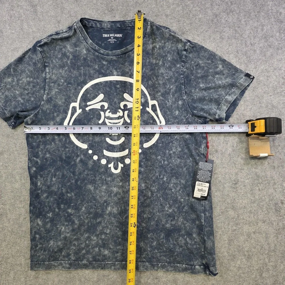 True Religion Shirt Mens XL Blue Buddha Acid Wash Crewneck Graphic Tee Logo